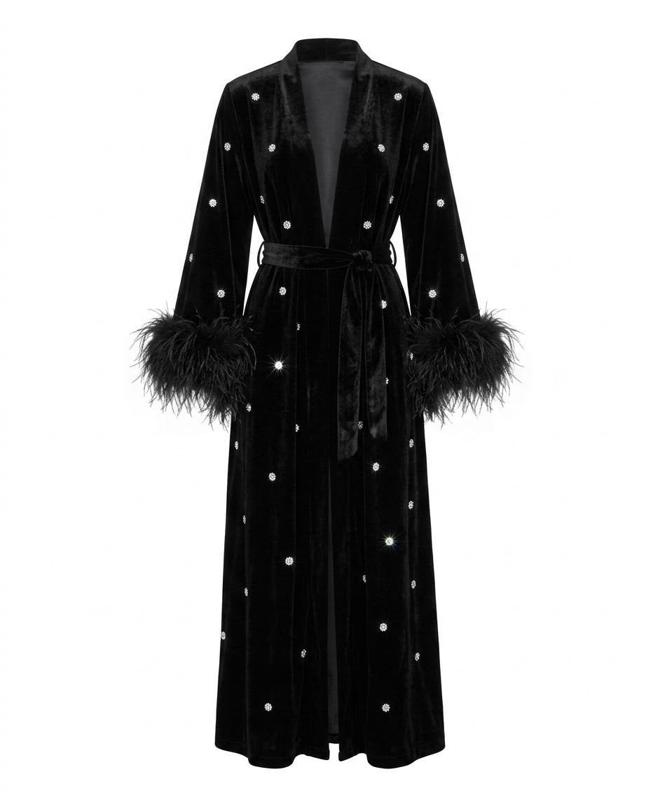Velvet Kimono with Feathers and Crystals