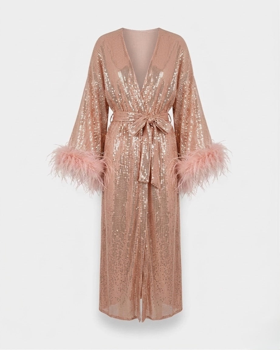 Euphoria Kimono Dress with Sequins and Feathers
