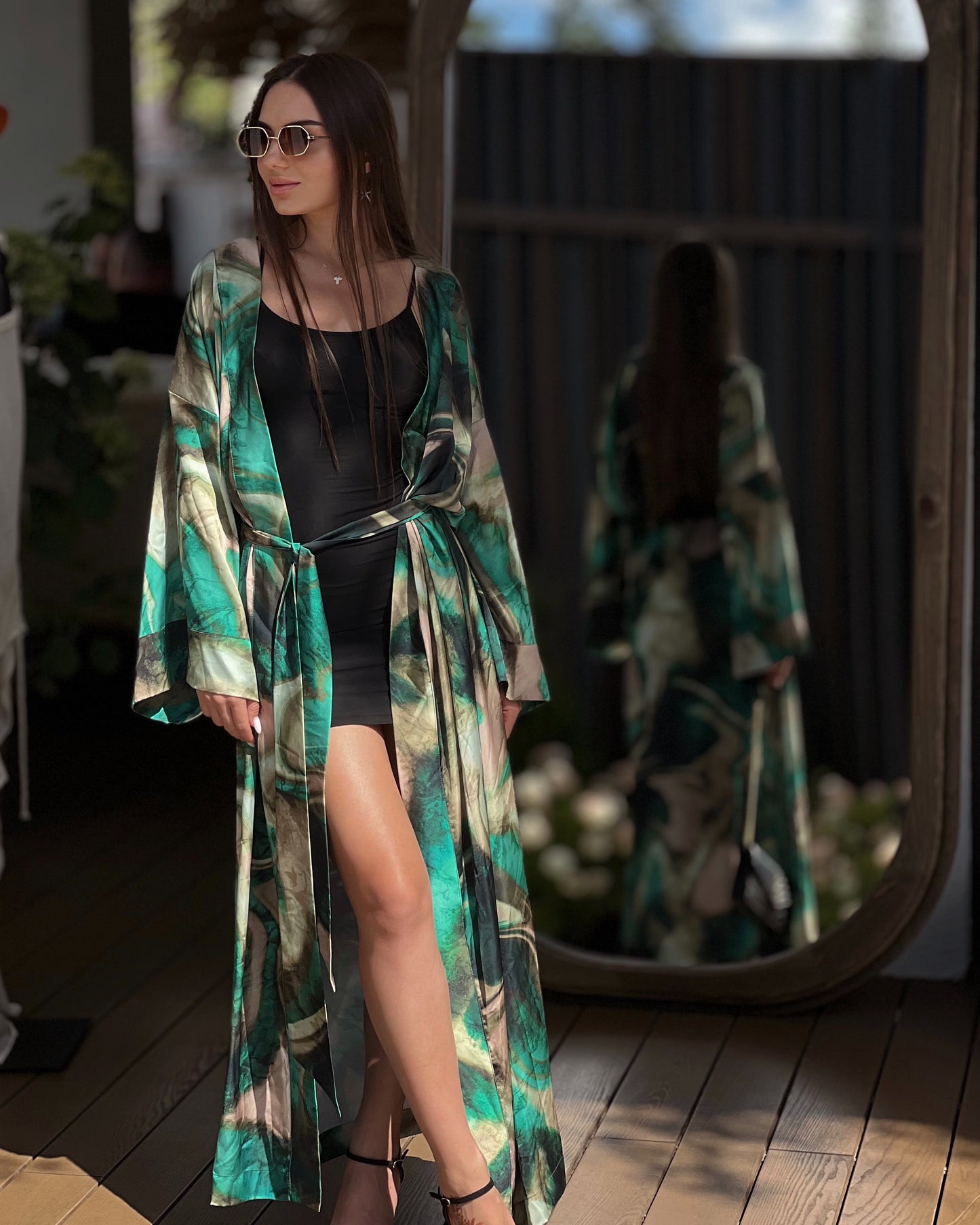 Satin Emerald kimono dress