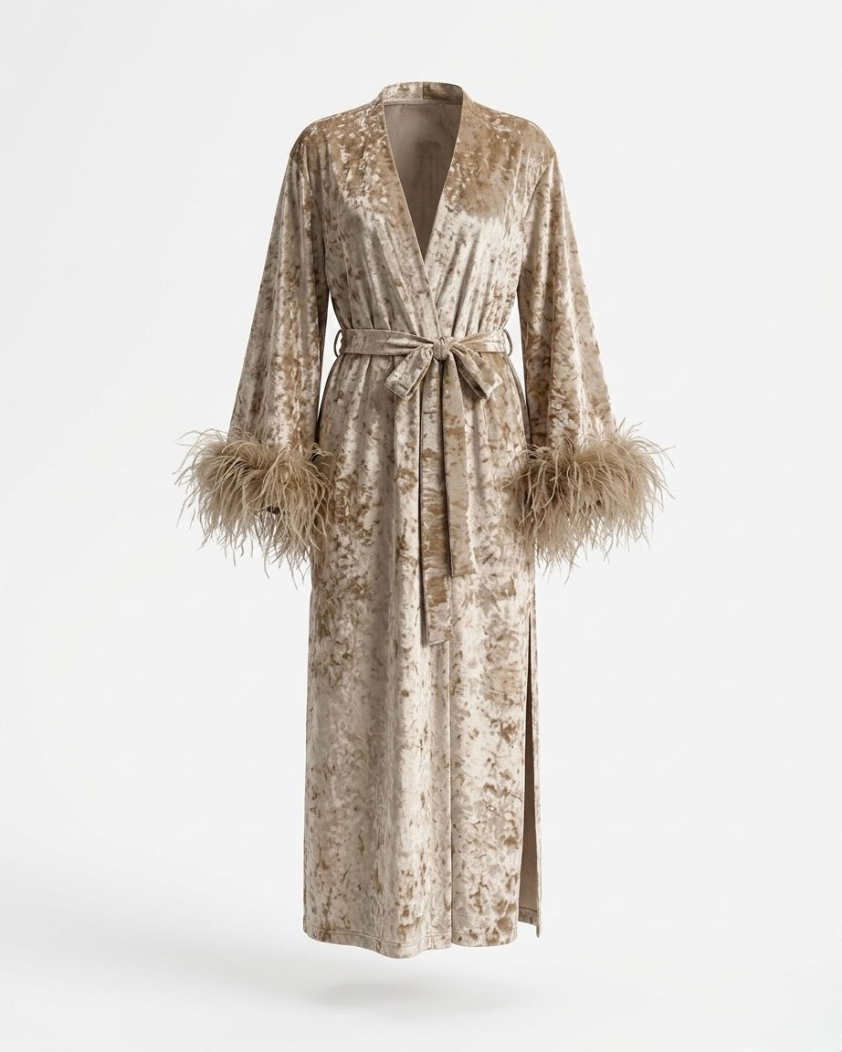 Velvet Affair kimono dress with feathers