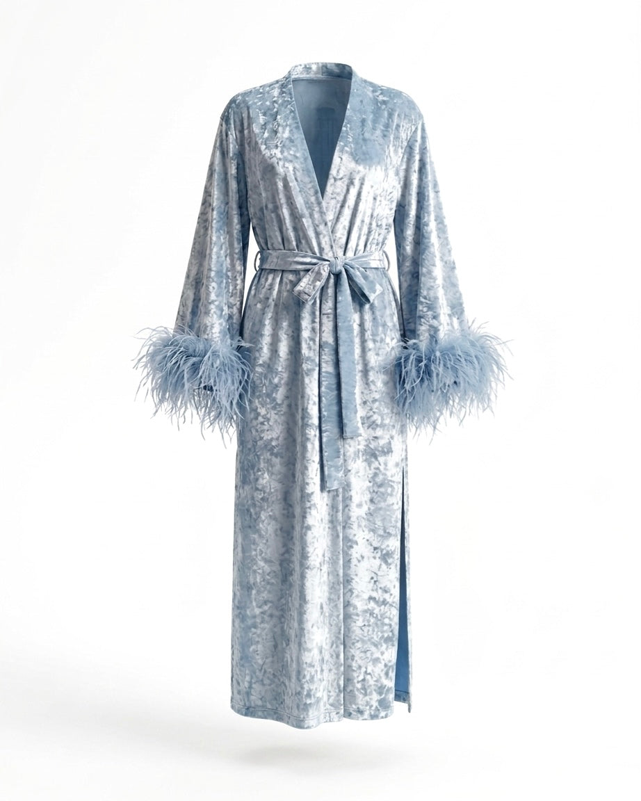 Velvet Affair kimono dress with feathers