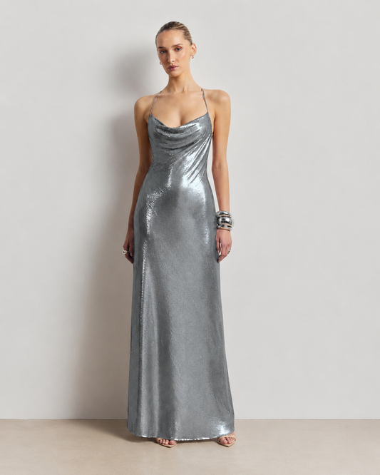 Sequin Open-Back Maxi Dress