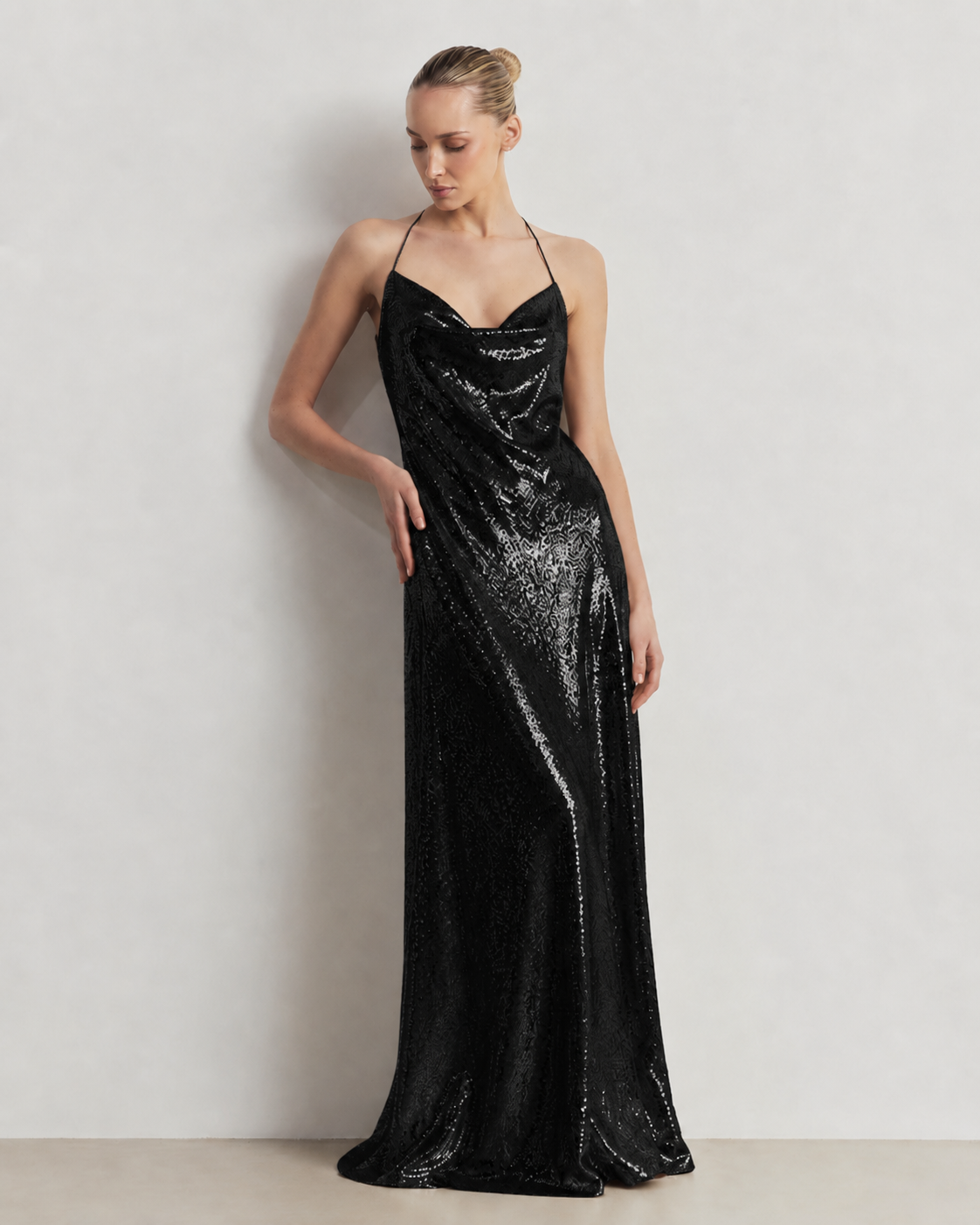 Sequin Open-Back Maxi Dress