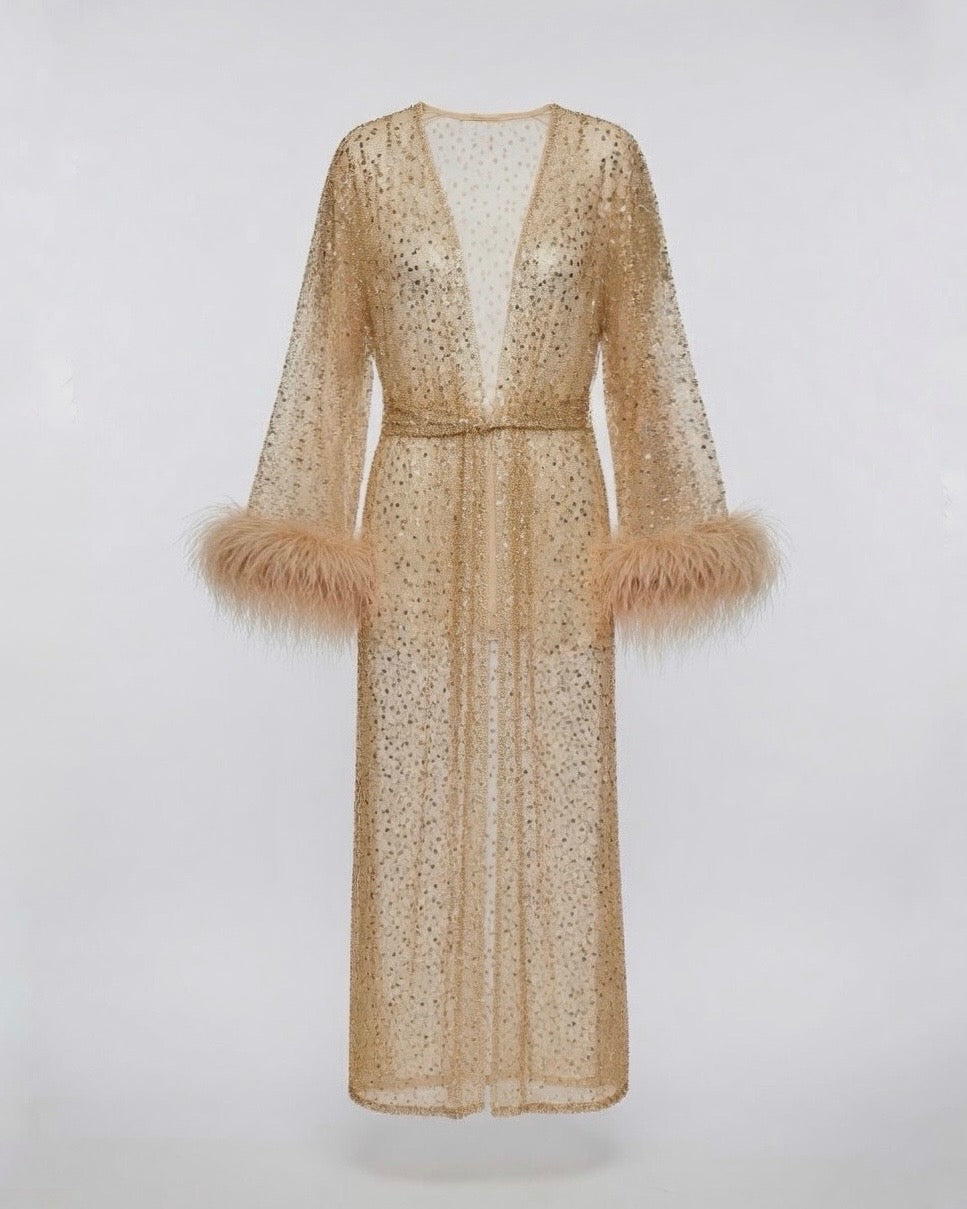 Stardust kimono dress with feathers