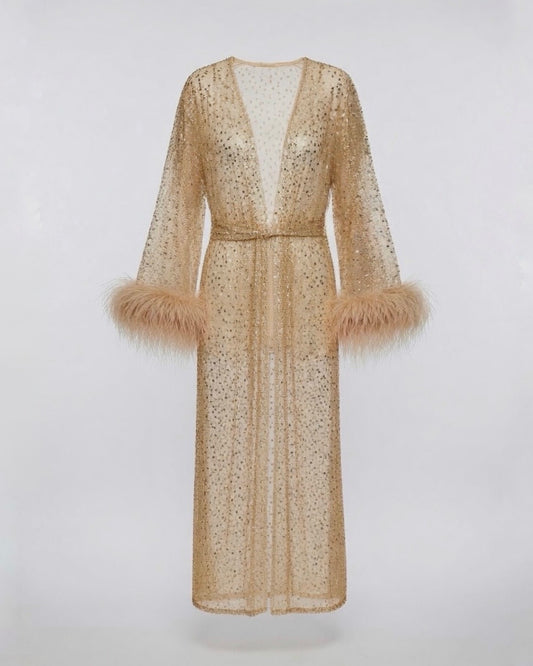Stardust kimono dress with feathers