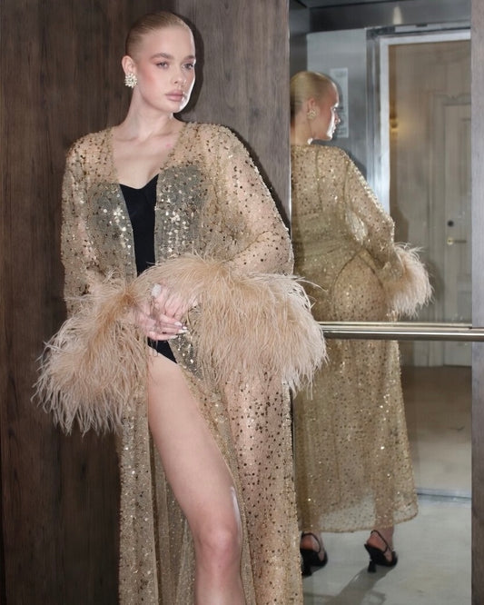 Stardust kimono dress with feathers