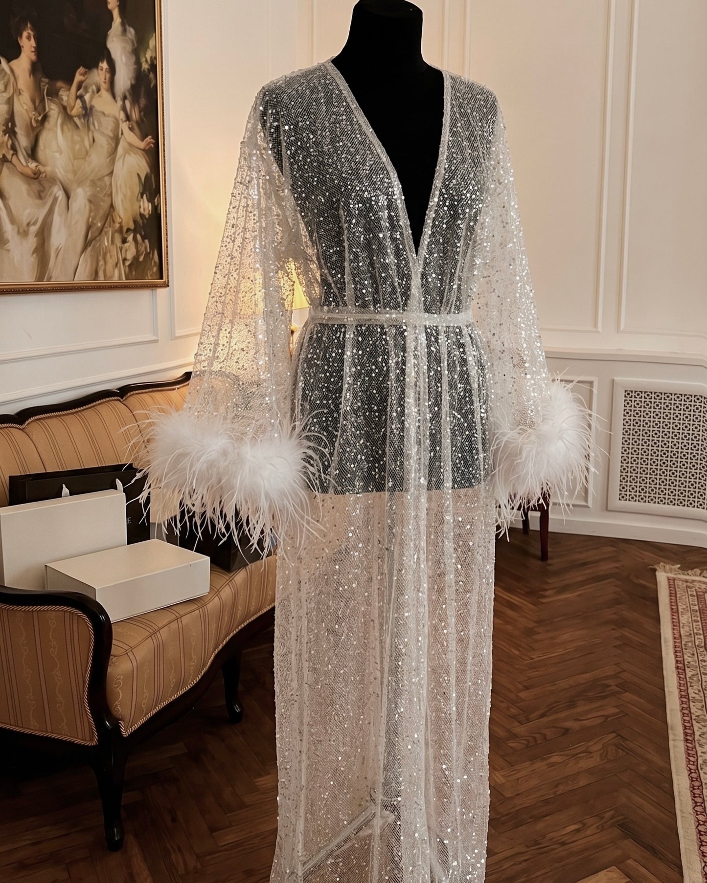 Stardust kimono dress with feathers