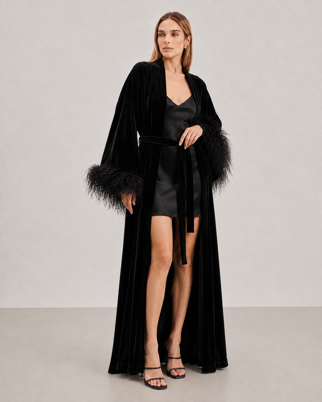 Velvet Kimono with Feathers
