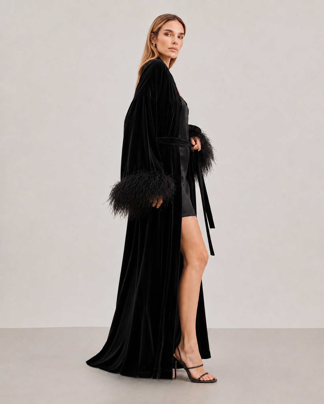 Velvet Kimono with Feathers
