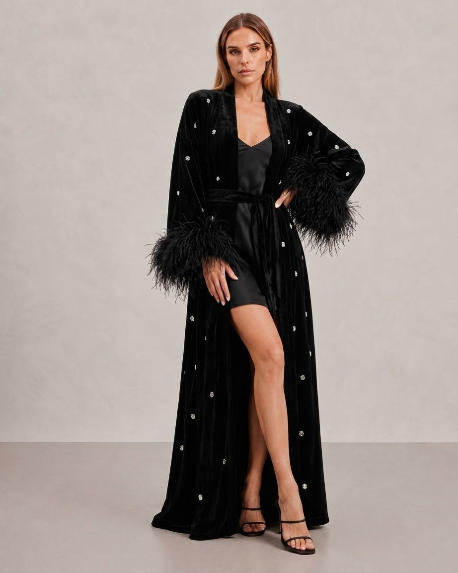 Velvet Kimono with Feathers and Crystals