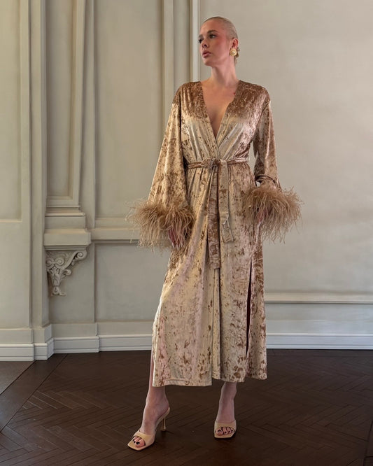 Velvet Affair kimono dress with feathers