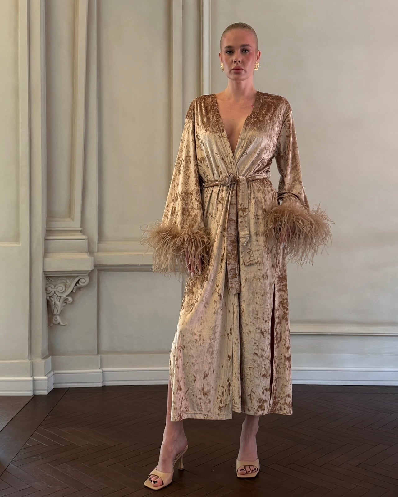 Velvet Affair kimono dress with feathers