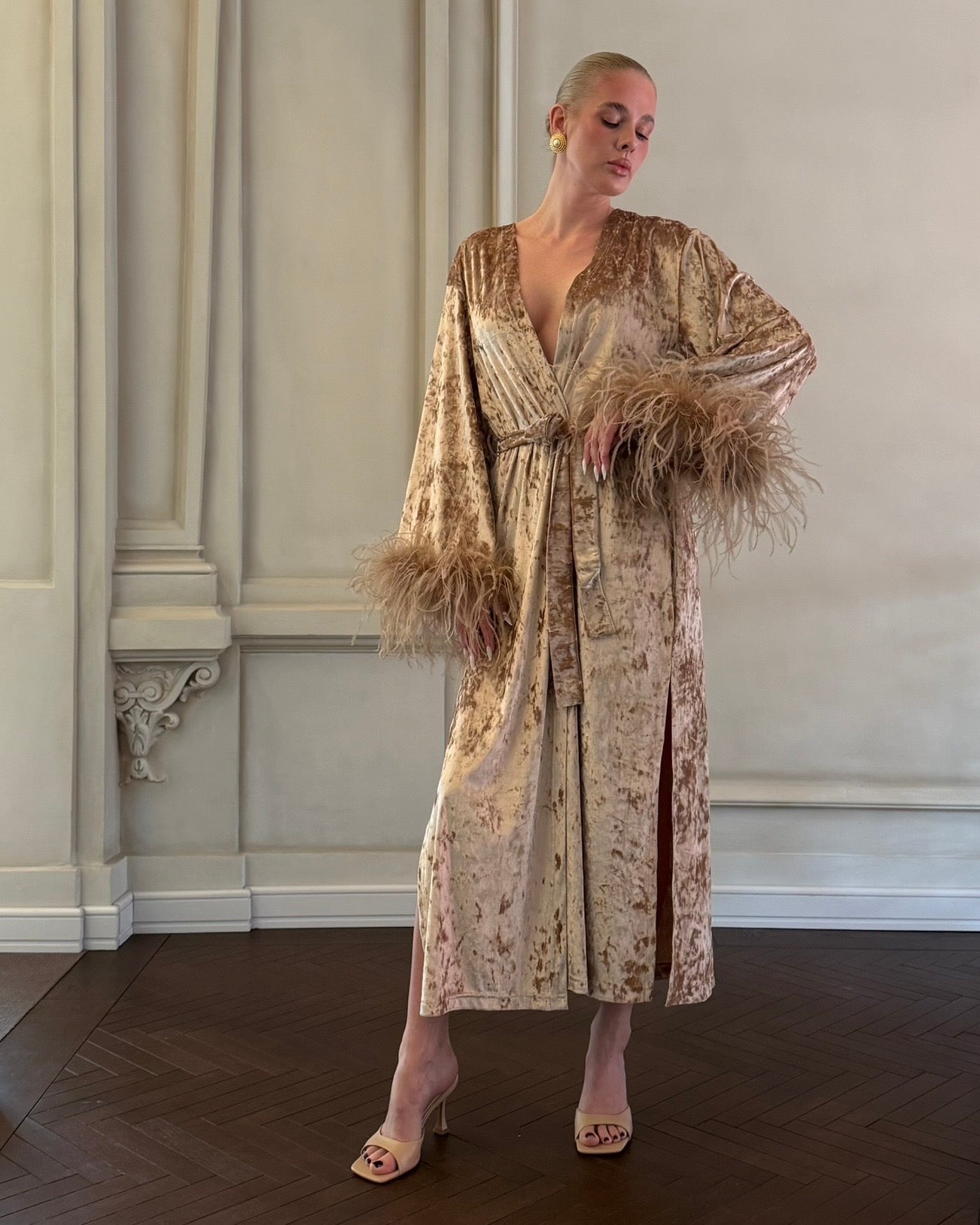 Velvet Affair kimono dress with feathers