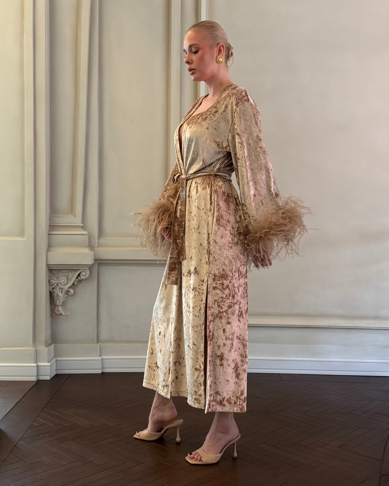 Velvet Affair kimono dress with feathers