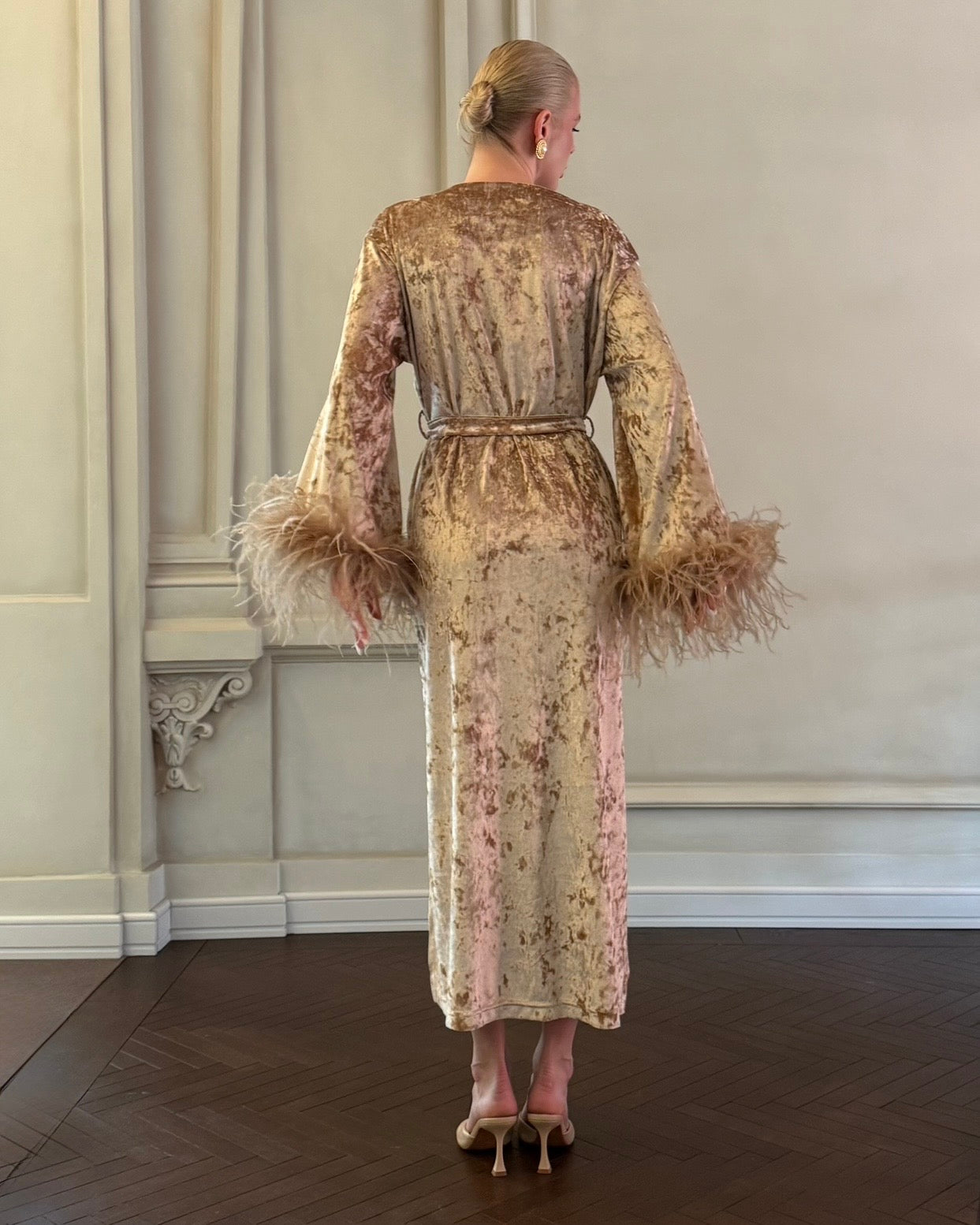 Velvet Affair kimono dress with feathers