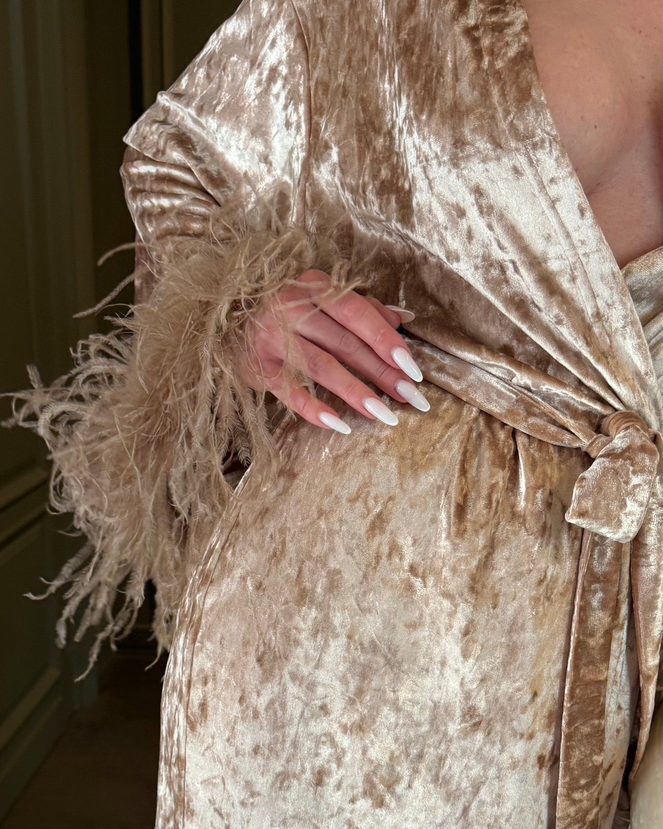 Velvet Affair kimono dress with feathers