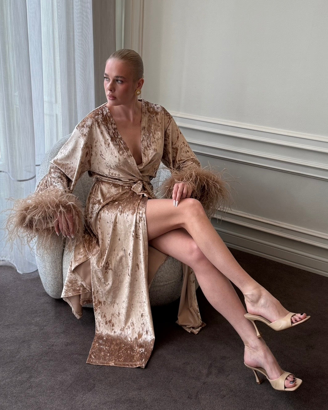 Velvet Affair kimono dress with feathers