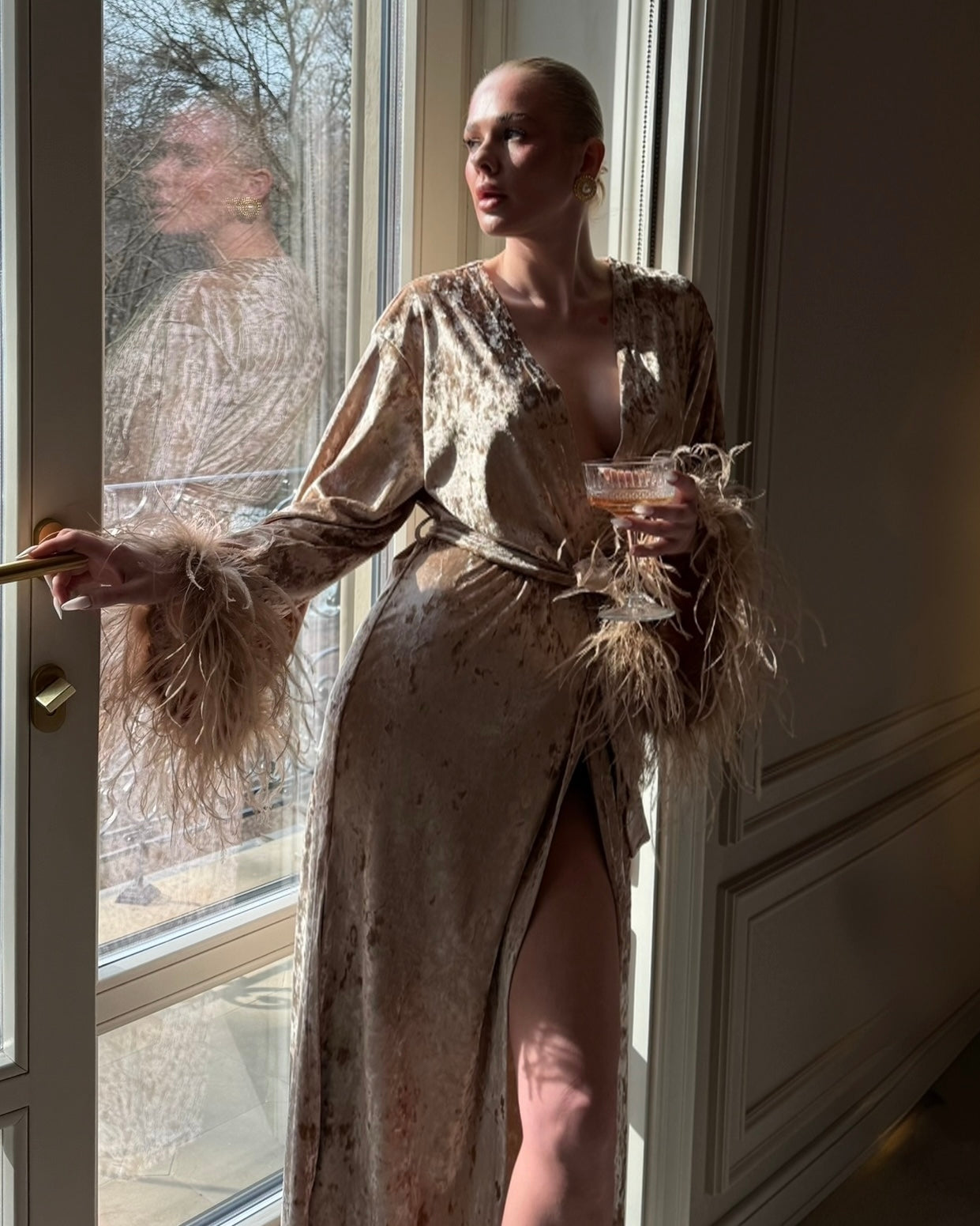 Velvet Affair kimono dress with feathers