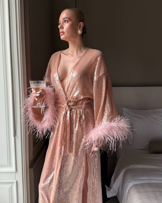 Euphoria kimono dress with sequins and feathers