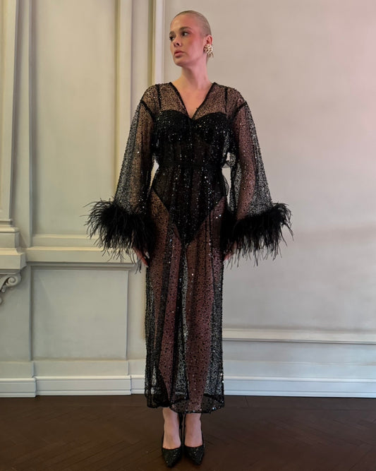 Stardust kimono dress with feathers