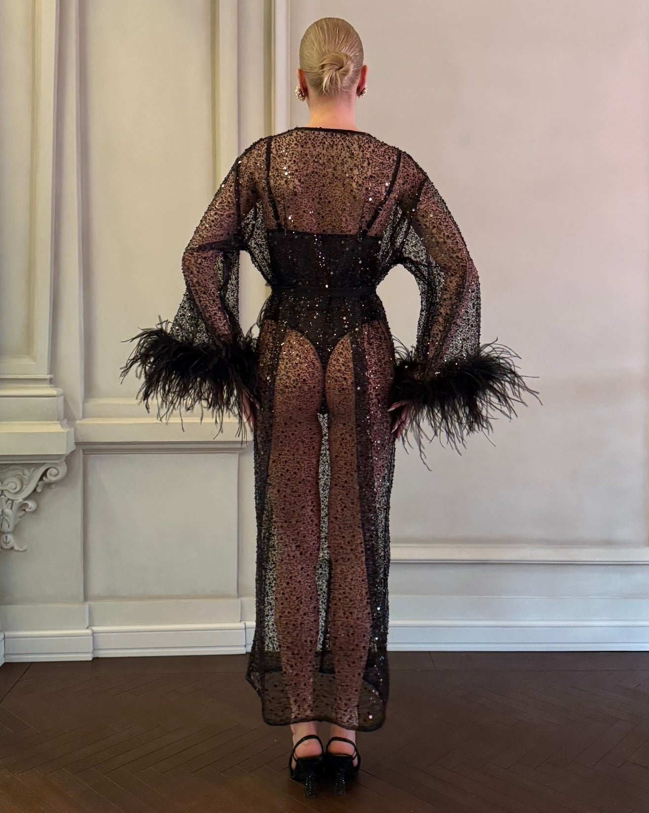 Stardust kimono dress with feathers