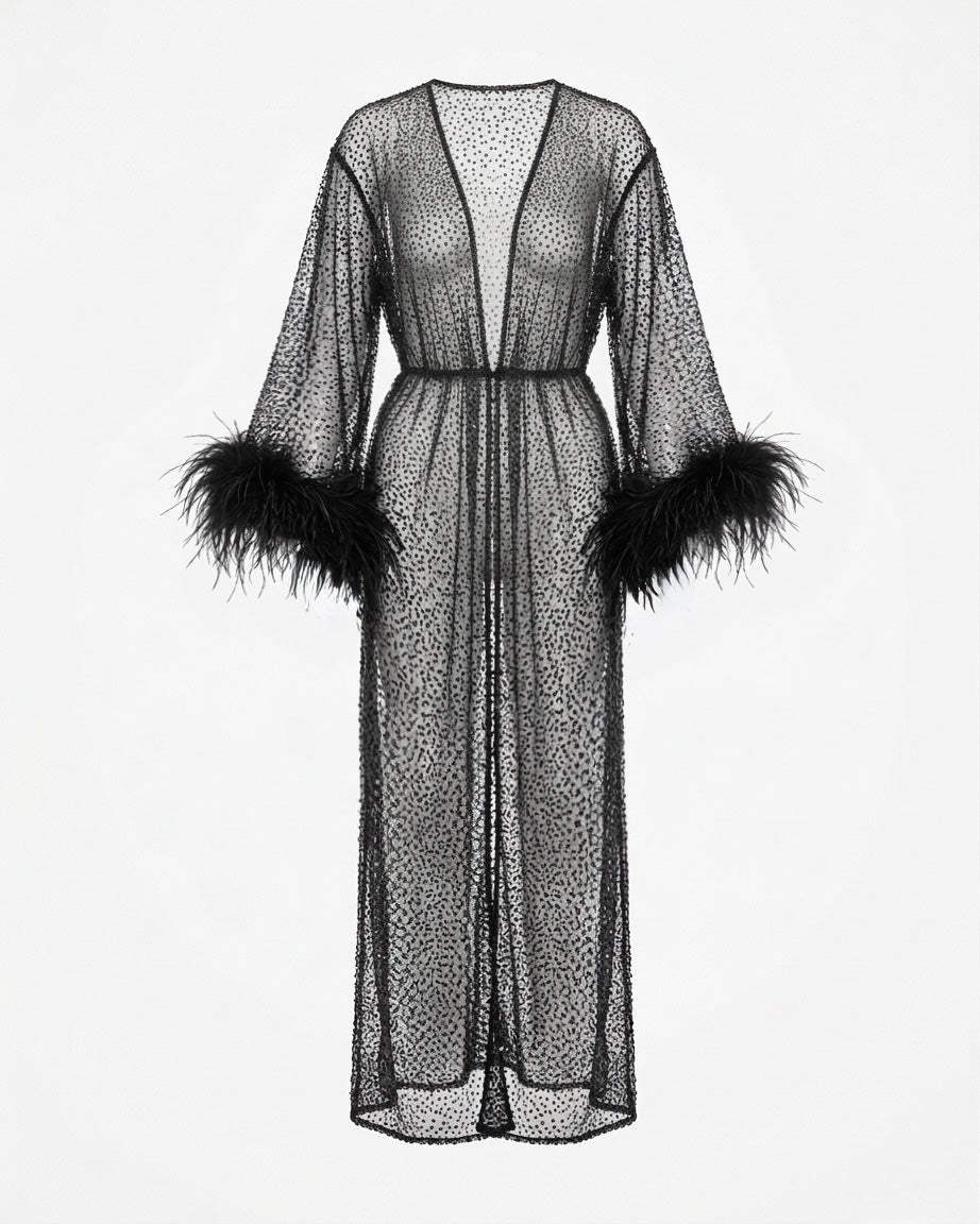 Stardust kimono dress with feathers