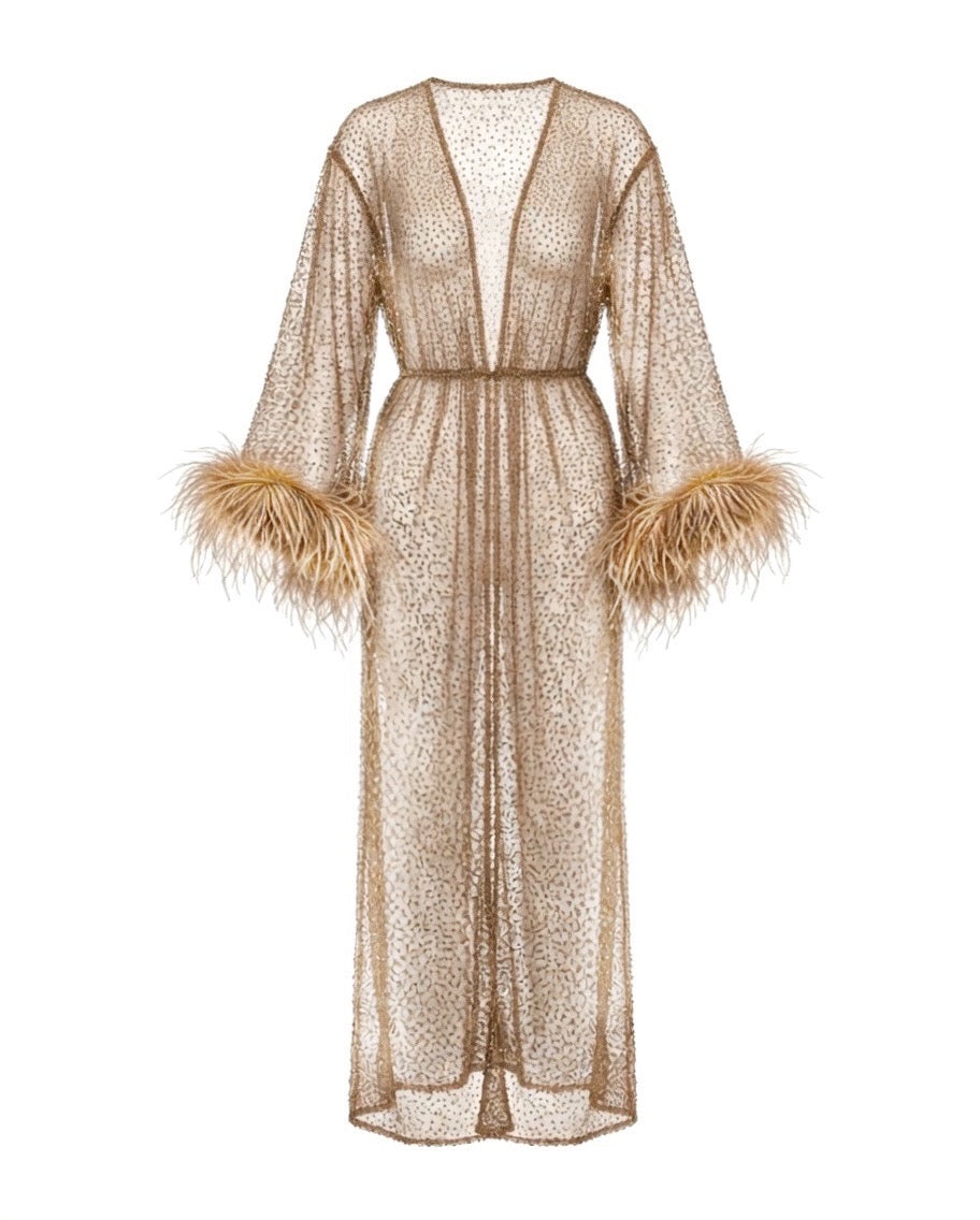 Stardust kimono dress with feathers