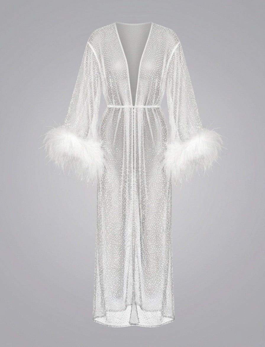 Stardust kimono dress with feathers