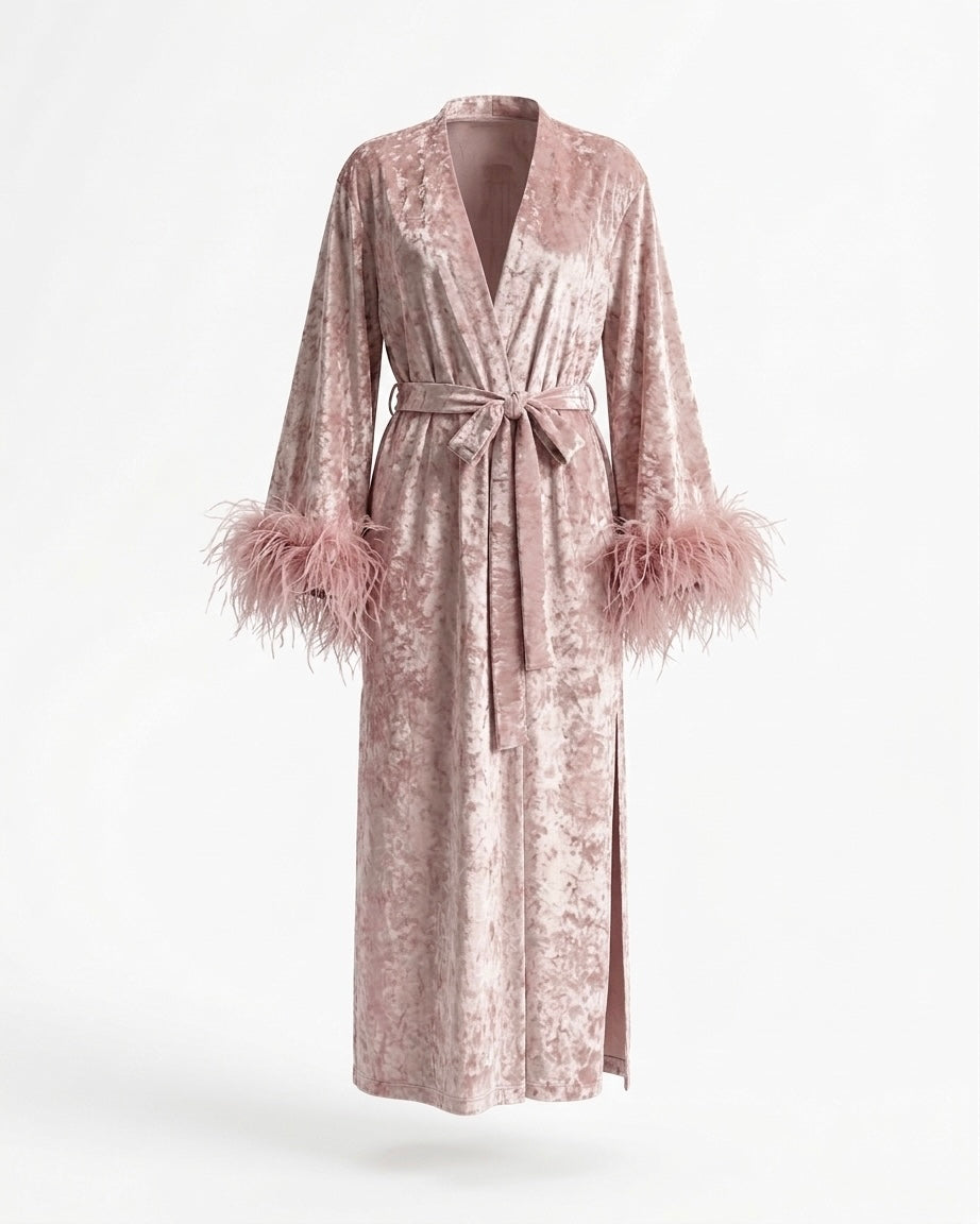 Velvet Affair kimono dress with feathers