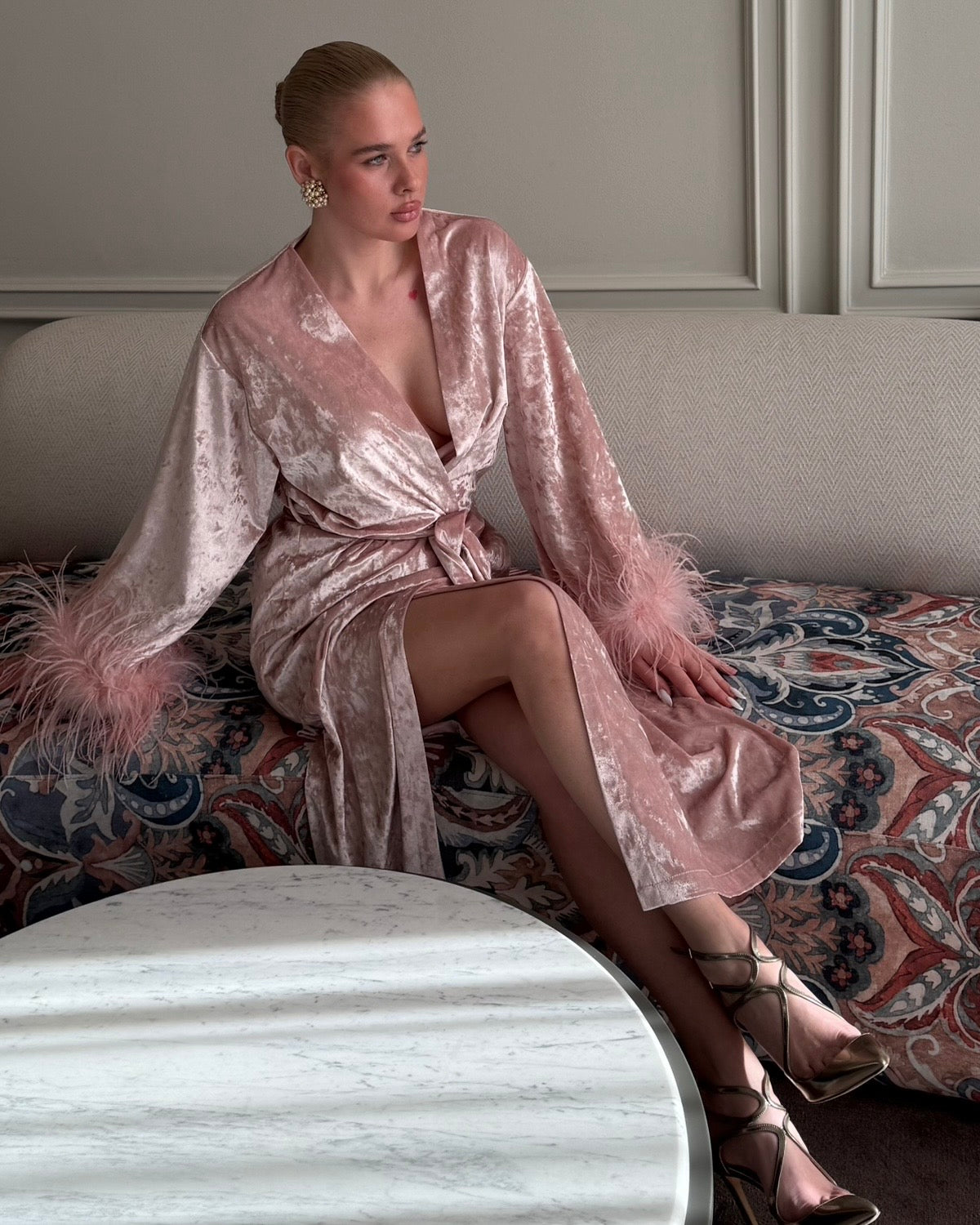 Velvet Affair kimono dress with feathers
