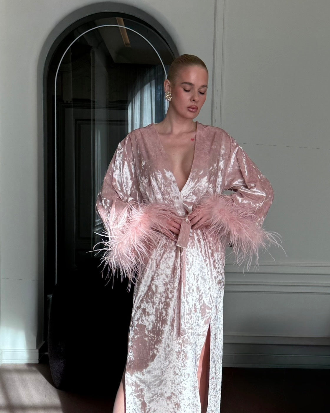 Velvet Affair kimono dress with feathers