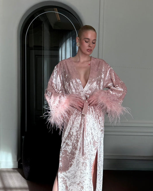 Velvet Affair kimono dress with feathers