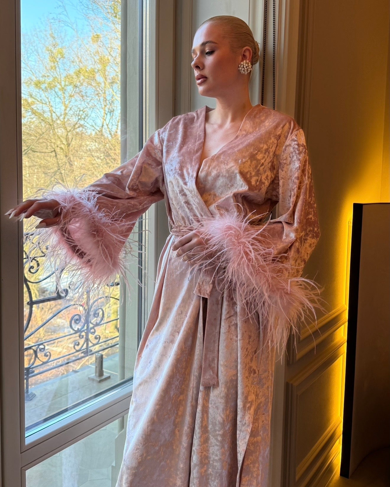 Velvet Affair kimono dress with feathers