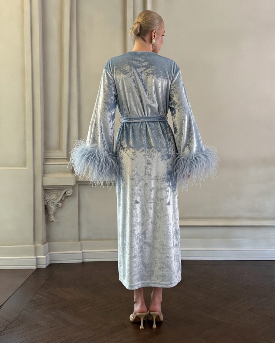 Velvet Affair kimono dress with feathers