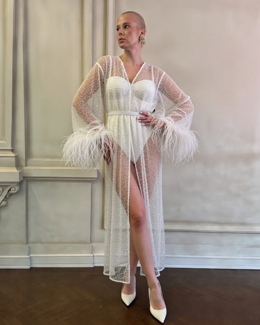 Stardust kimono dress with feathers