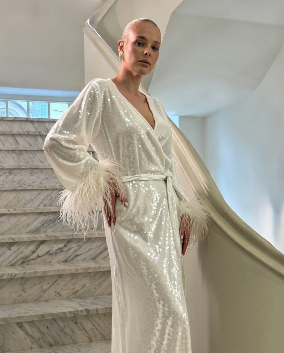 Euphoria kimono dress with sequins and feathers